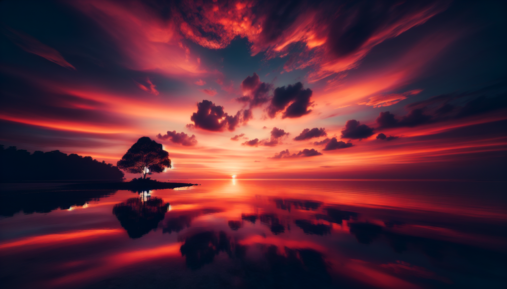 Coucher de soleil sur un océan calme avec la silhouette d'un arbre solitaire sur le rivage.
