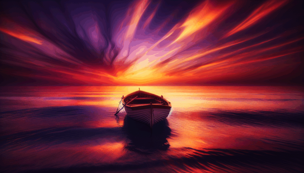 Coucher de soleil sur un océan calme avec un bateau solitaire au premier plan.