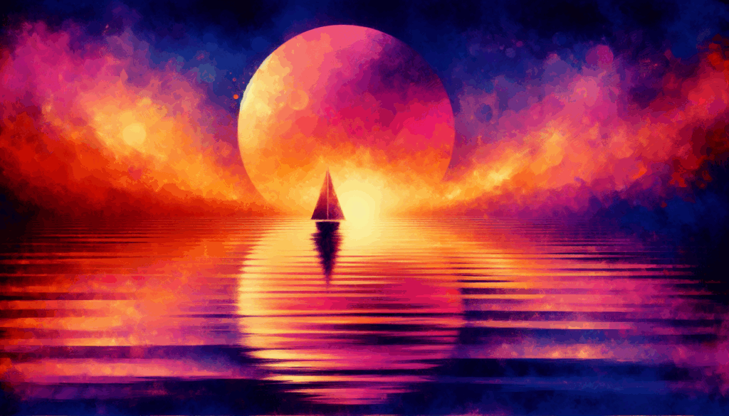 Coucher de soleil sur un océan calme avec la silhouette d'un voilier solitaire.