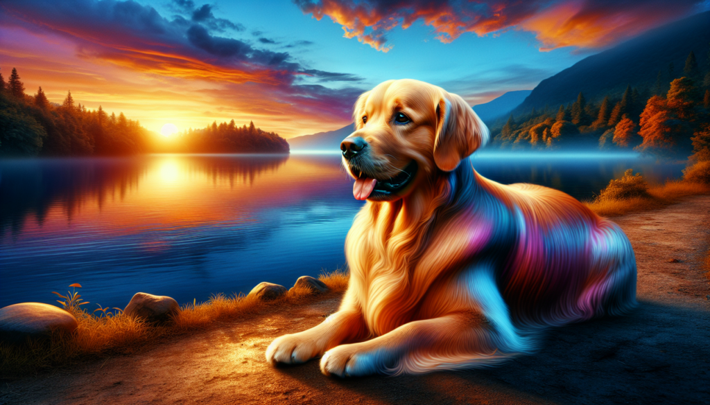 Une image réaliste d'un golden retriever assis au bord d'un lac bleu au coucher du soleil.