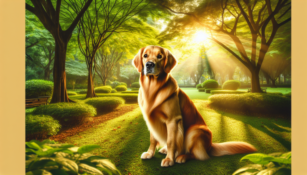 Image réaliste d'un golden retriever assis dans un parc ensoleillé.