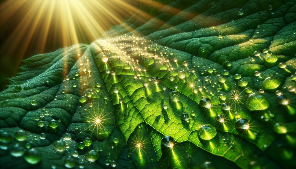 Des gouttes de pluie sur une feuille d'un vert éclatant sous une douce lumière solaire.