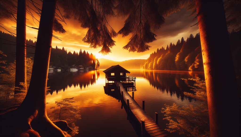 Lac serein avec un ponton en bois au coucher du soleil, entouré d'arbres.