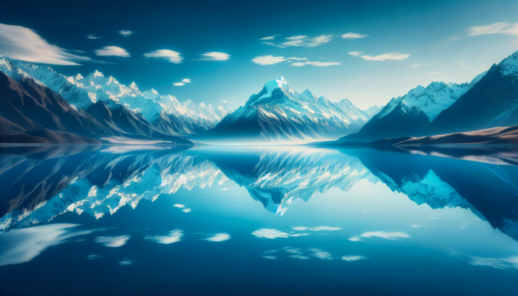 Lac calme reflétant des montagnes sous un ciel bleu clair.