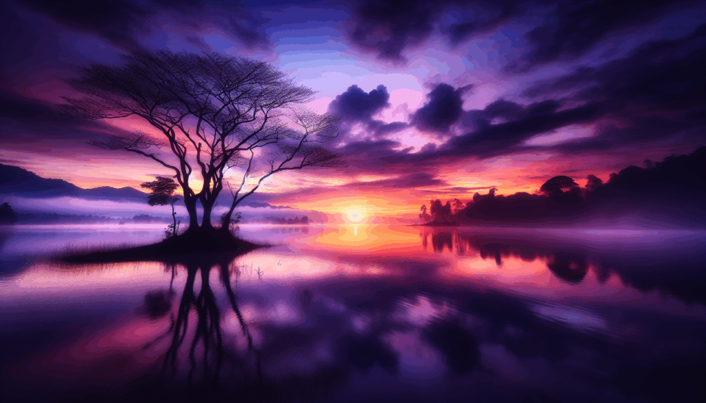 Lever de soleil sur un lac calme avec la silhouette solitaire d'un arbre.