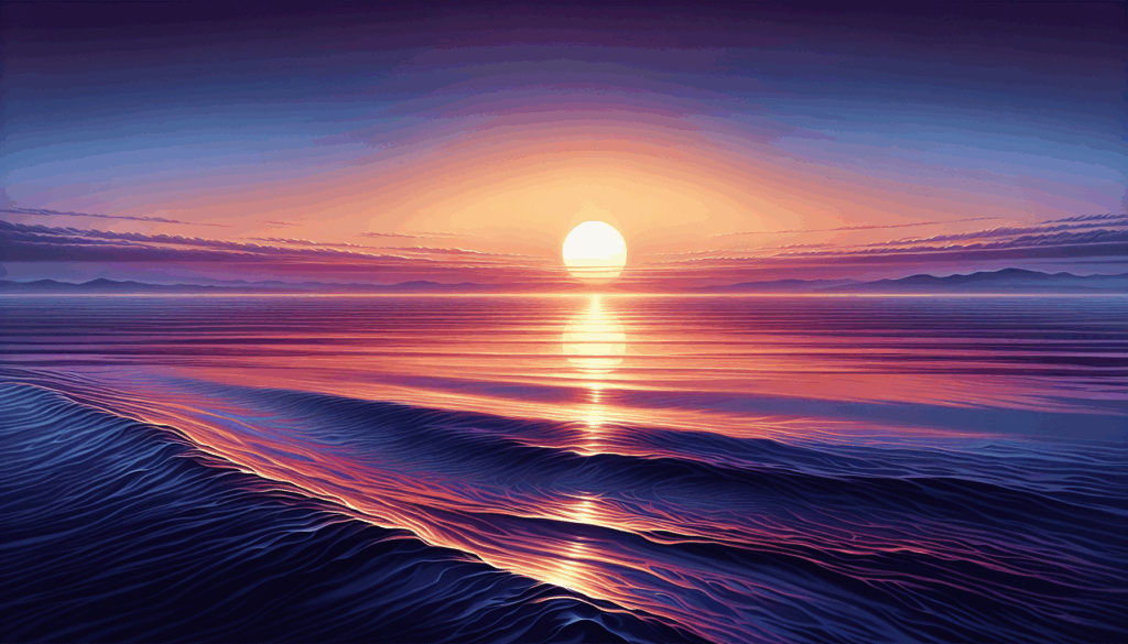 Une image réaliste d'un lever de soleil serein au-dessus d'un océan calme.