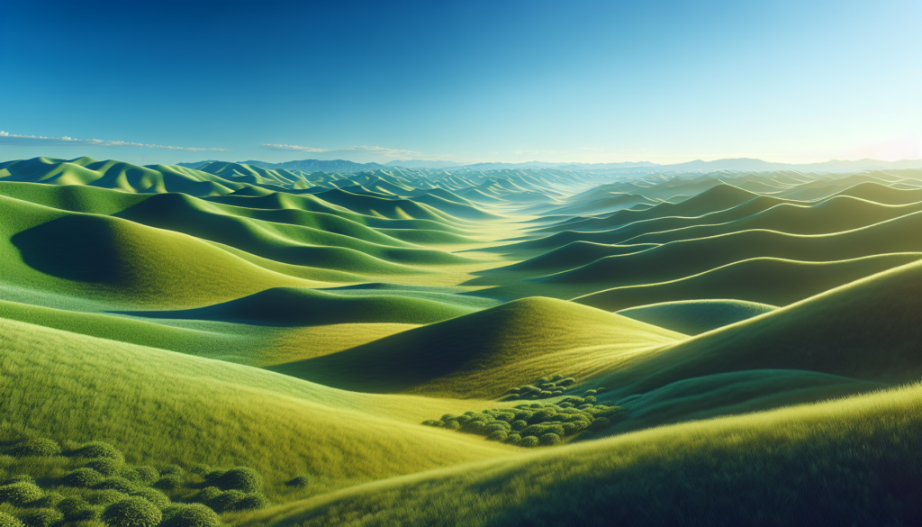 Un paysage réaliste de collines verdoyantes ondulantes sous un ciel bleu dégagé.