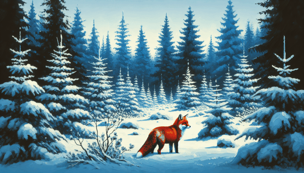 Une peinture acrylique d'un renard roux dans une clairière enneigée de forêt.