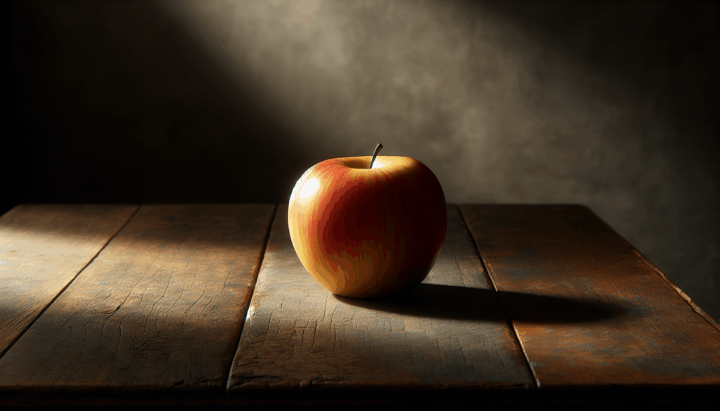 Une pomme réaliste sur une table en bois éclairée par la lumière naturelle.