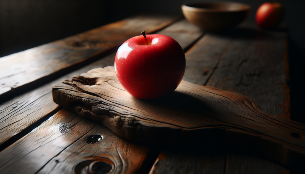 Une image réaliste d'une pomme rouge sur une table en bois.
