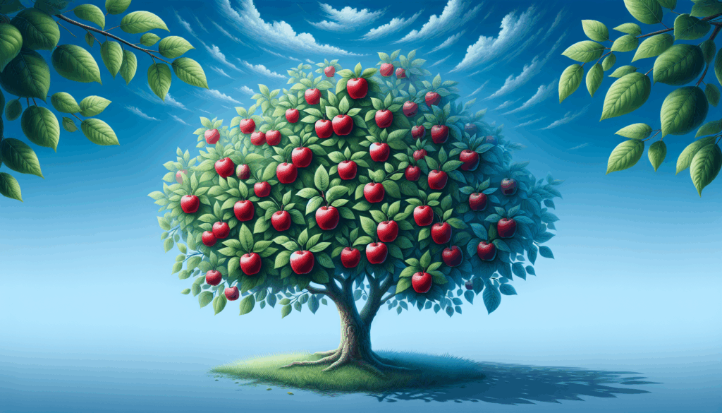 Un pommier réaliste plein de pommes rouges sous un ciel bleu clair.