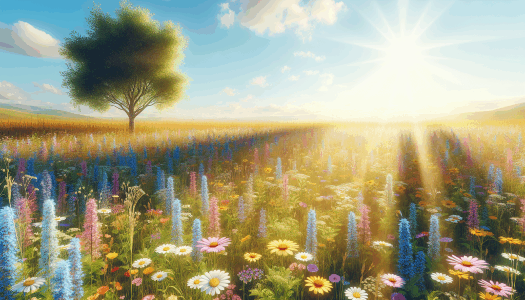 Une prairie ensoleillée et réaliste avec des fleurs sauvages et un arbre solitaire en arrière-plan.