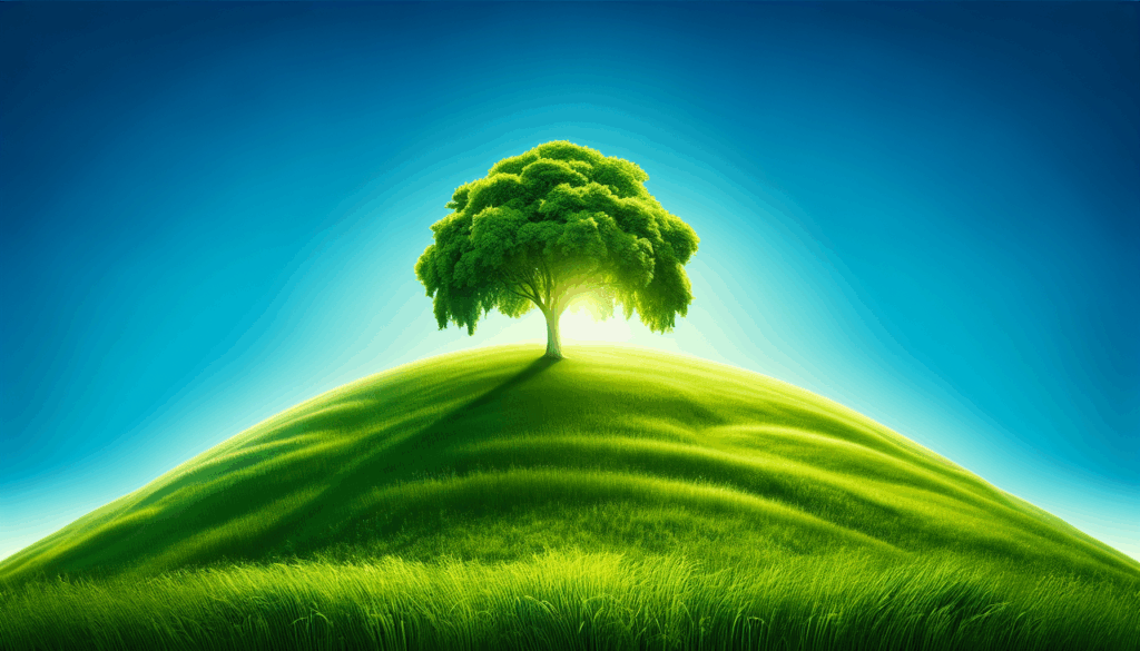 Un arbre solitaire sur une colline verdoyante sous un ciel bleu dégagé.