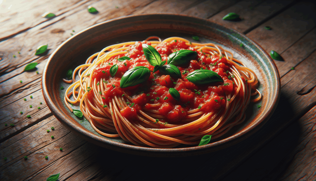 Une assiette réaliste de spaghettis avec de la sauce tomate et des feuilles de basilic sur une table en bois.