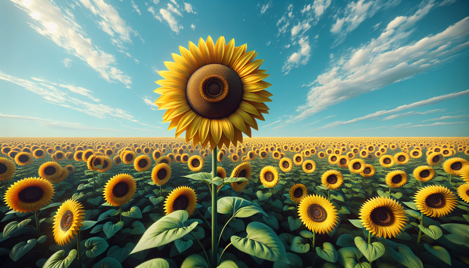 Une image réaliste d'un champ de tournesols sous un ciel bleu dégagé.