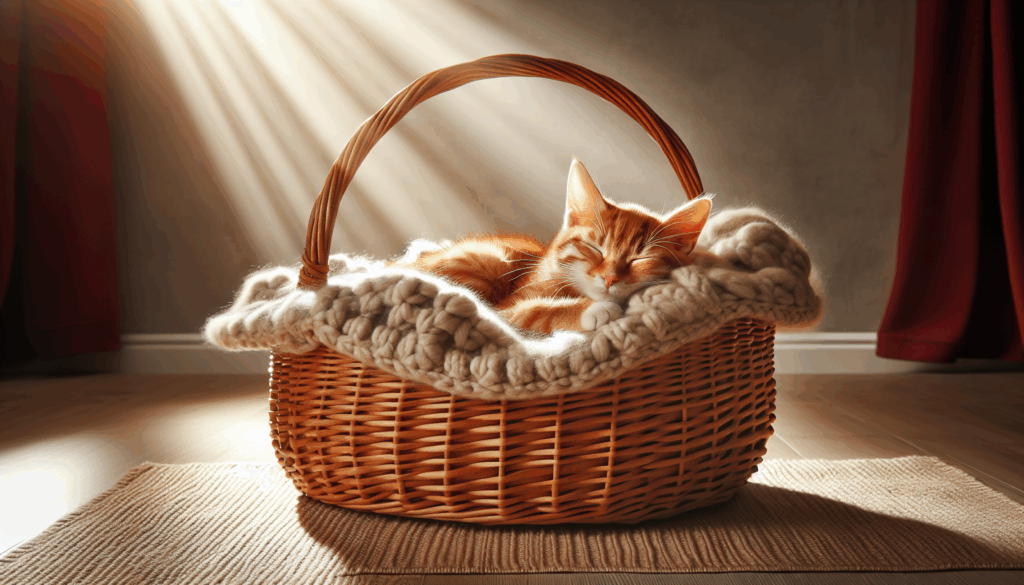 Un chat tigré orange dormant paisiblement dans un panier en osier éclairé par le soleil.