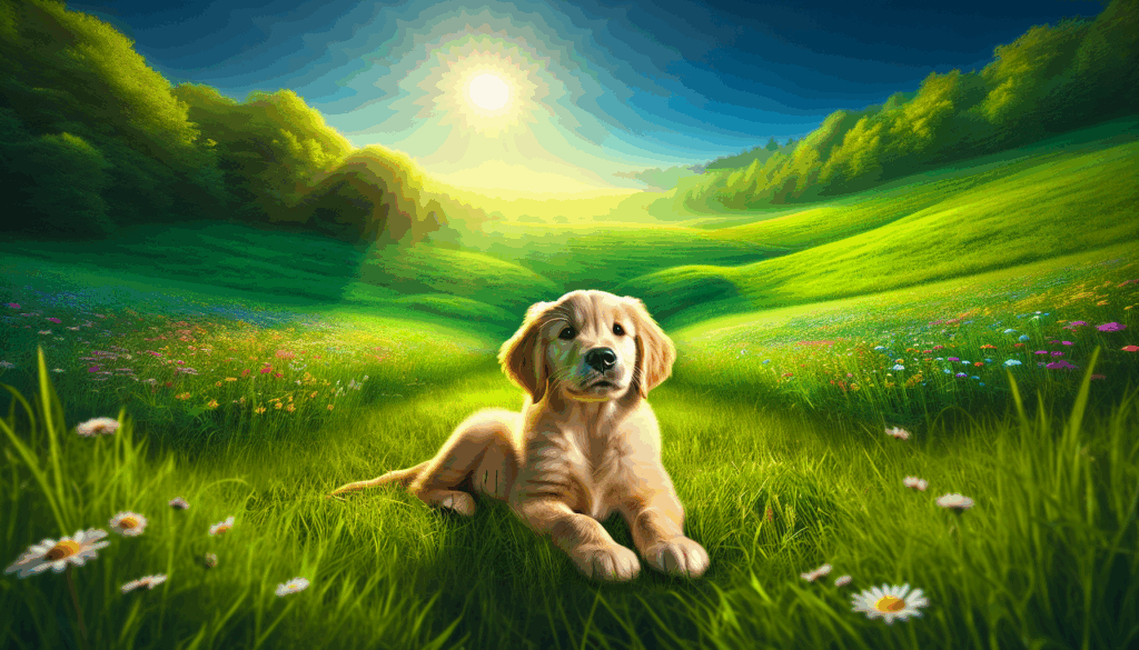 Un chiot golden retriever assis dans une prairie verte sous un ciel bleu.