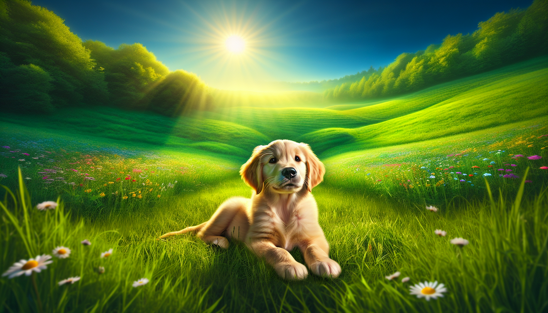 Un chiot golden retriever assis dans une prairie verte sous un ciel bleu.