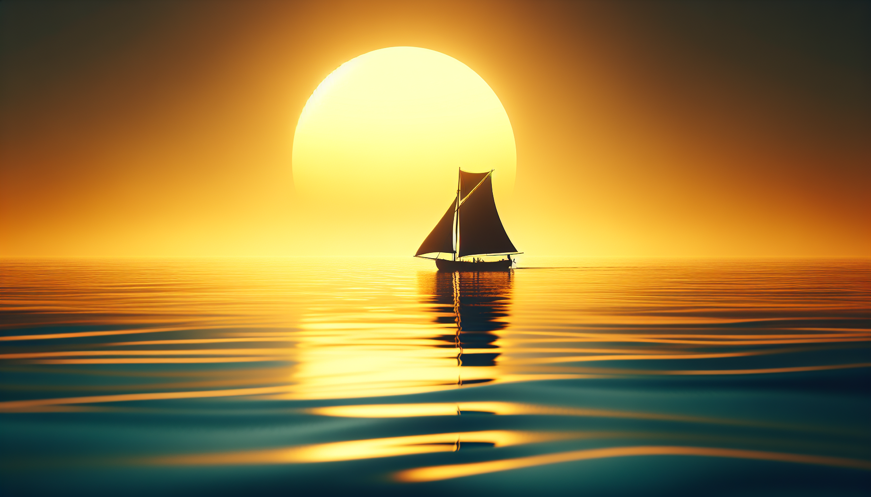 Un coucher de soleil doré sur un océan calme avec la silhouette d'un seul voilier.