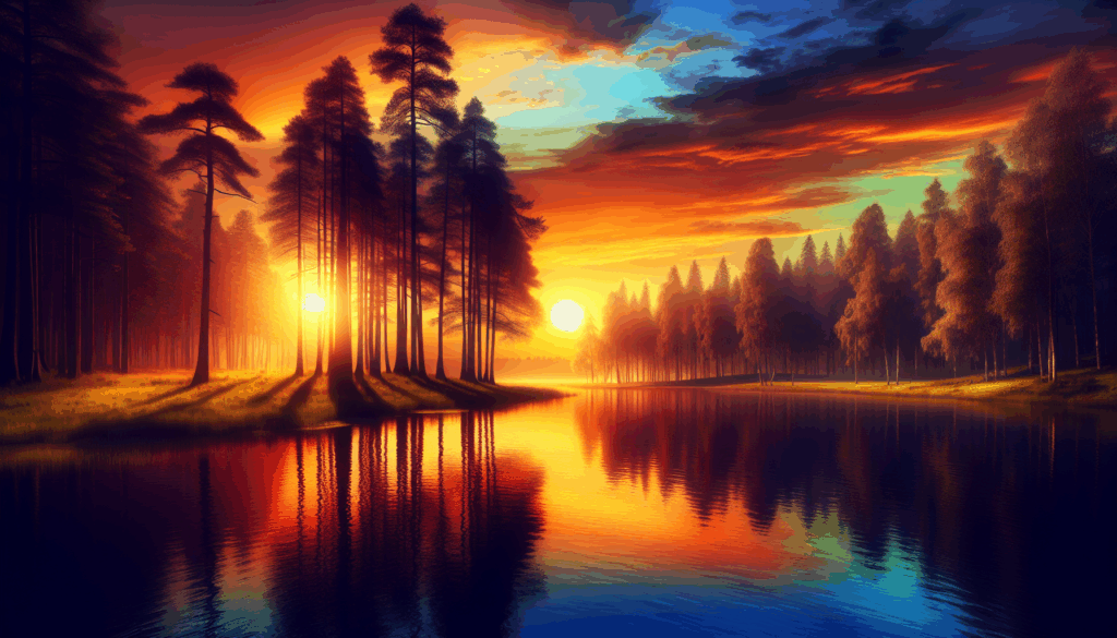 Un coucher de soleil derrière un lac serein entouré de pins, dans un style réaliste.