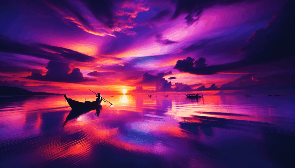 Coucher de soleil sur un océan calme avec la silhouette d'un bateau solitaire.