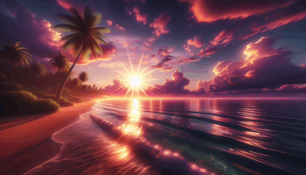 Une image réaliste d'un coucher de soleil sur un océan calme avec un palmier en silhouette.