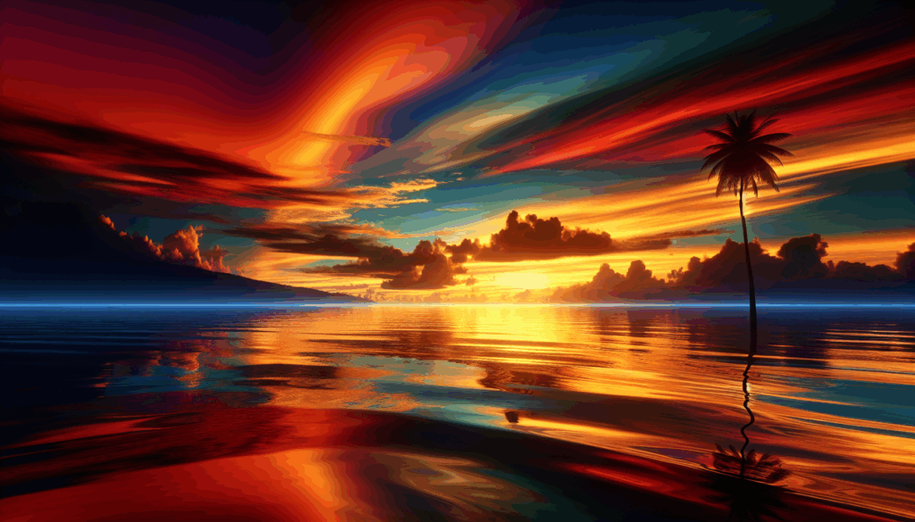 Coucher de soleil sur un océan calme avec la silhouette d'un seul palmier.