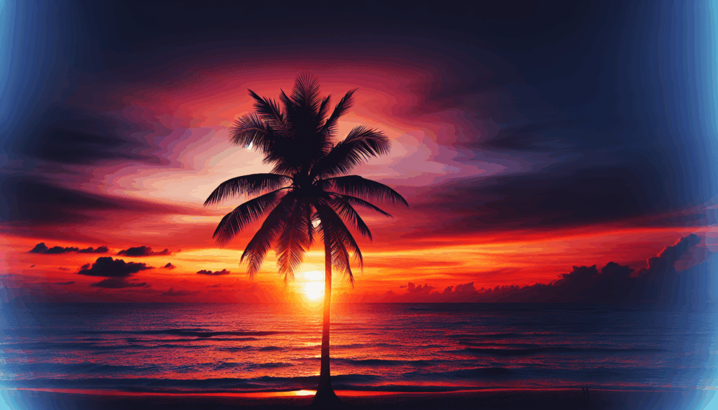 Coucher de soleil sur l'océan avec une silhouette de palmier.