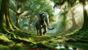 Un éléphant réaliste se promenant dans une forêt verdoyante et luxuriante.