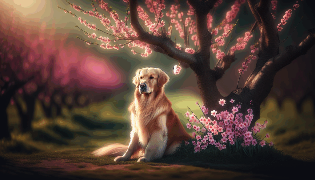 Une image réaliste d'un golden retriever assis à côté d'un cerisier en fleurs.