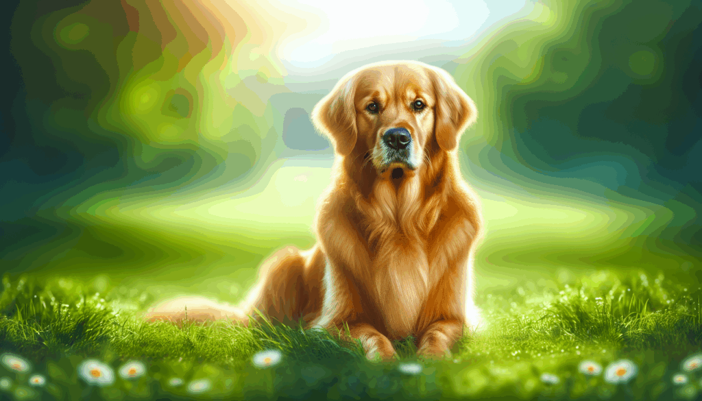 Une image réaliste d'un golden retriever assis sur une pelouse verte.