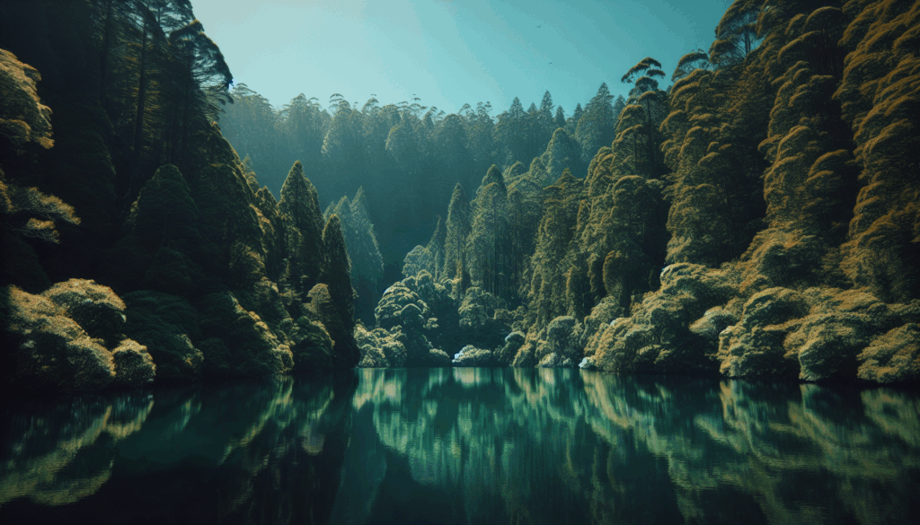 Un lac serein entouré d'une dense forêt verte sous un ciel bleu dégagé.