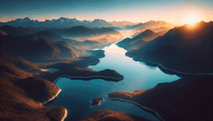 Lever de soleil sur un lac tranquille avec des montagnes en arrière-plan et un ciel dégagé.