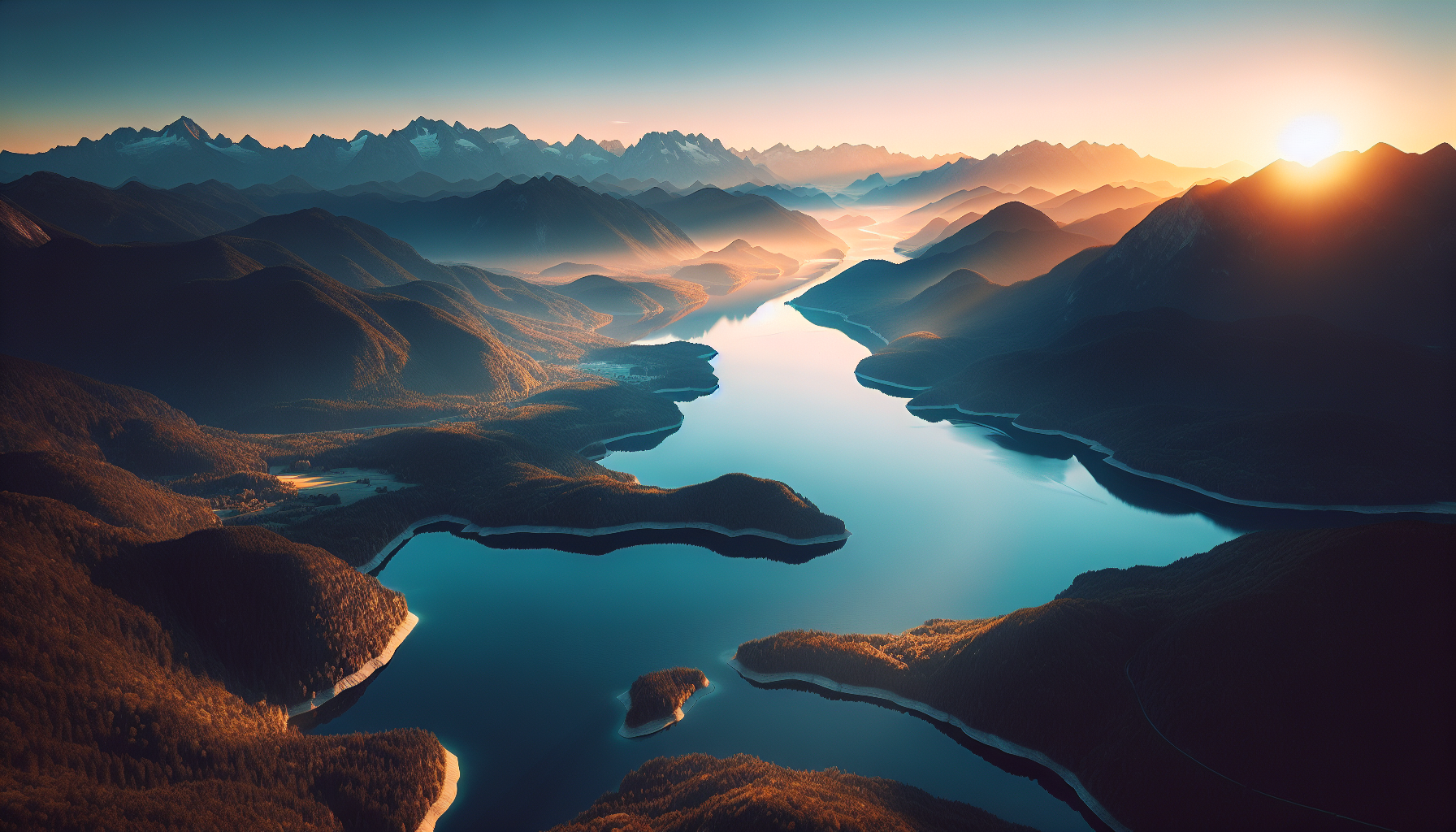 Lever de soleil sur un lac tranquille avec des montagnes en arrière-plan et un ciel dégagé.