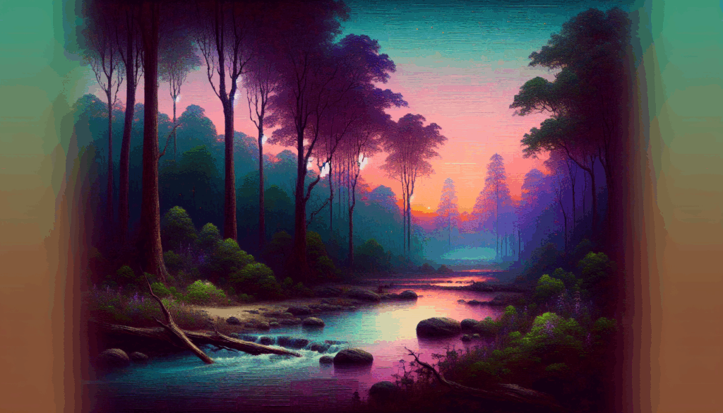 Une peinture réaliste et texturée d'une forêt sereine avec un ruisseau gazouillant au crépuscule.