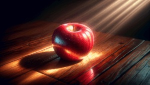 Une pomme rouge réaliste reposant sur une table en bois avec un éclairage naturel doux.