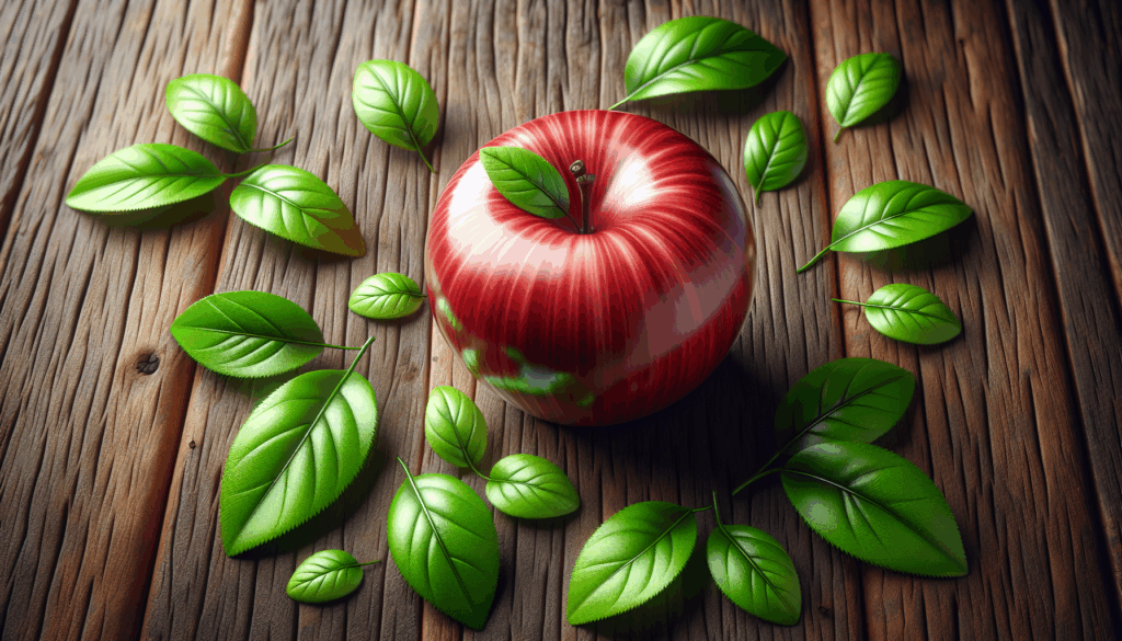 Une pomme rouge réaliste sur une table en bois entourée de feuilles vertes.