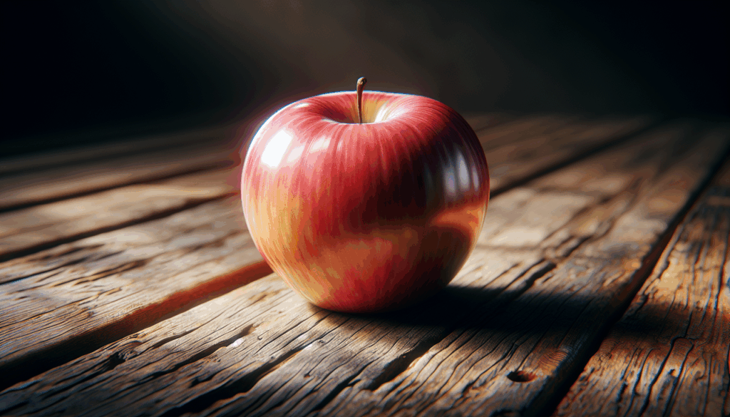 Une pomme mûre réaliste reposant sur une table en bois dans une douce lumière du jour.
