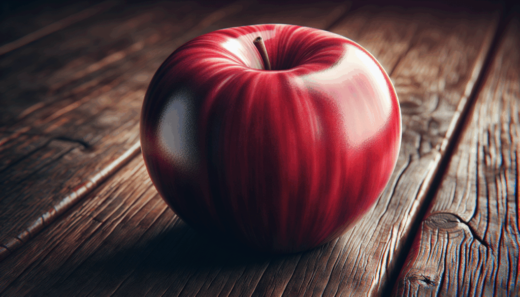 Une image réaliste d'une pomme rouge sur une table en bois.