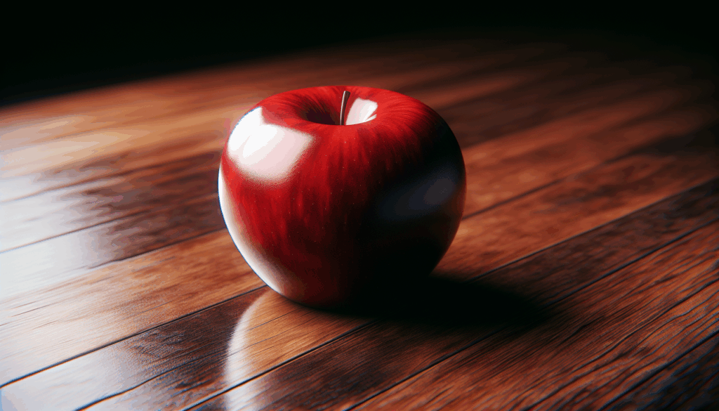 Une image réaliste d'une pomme rouge reposant sur une table en bois.