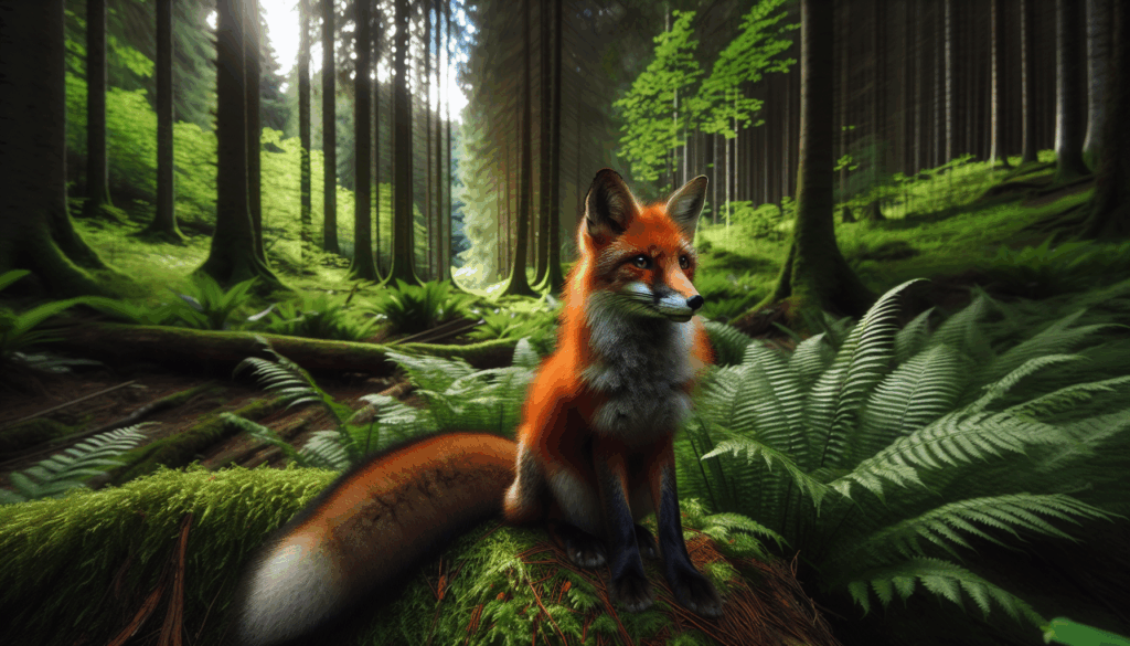 Un renard roux réaliste assis calmement dans une clairière verdoyante de la forêt.