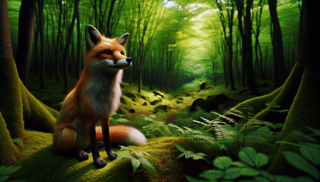 Un renard roux réaliste assis calmement dans une clairière verdoyante de la forêt.