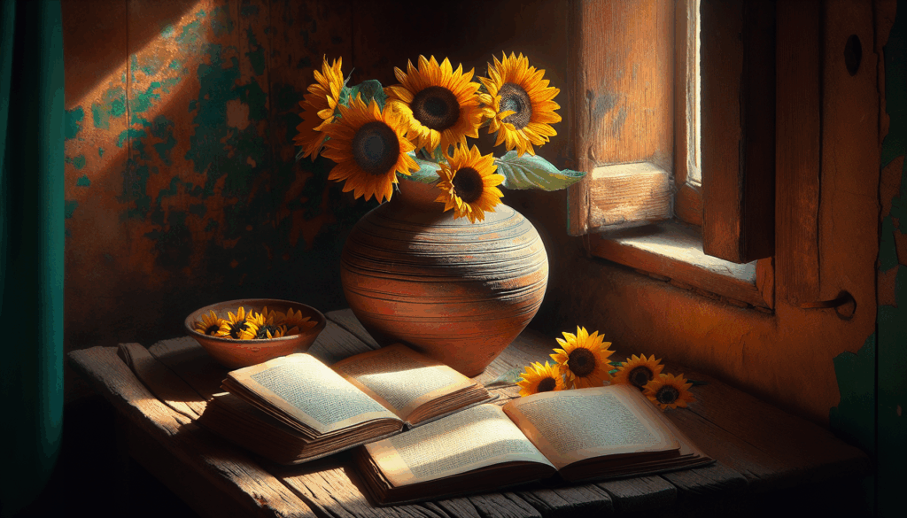 Table rustique en bois avec un vase de tournesols et un livre ouvert.