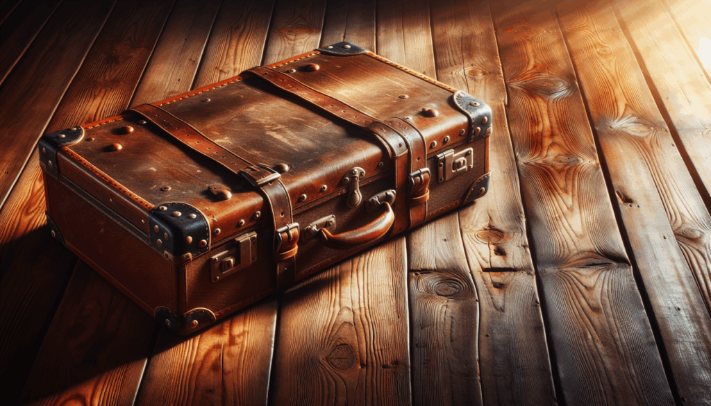 Valise vintage en cuir marron sur un sol en bois rustique.