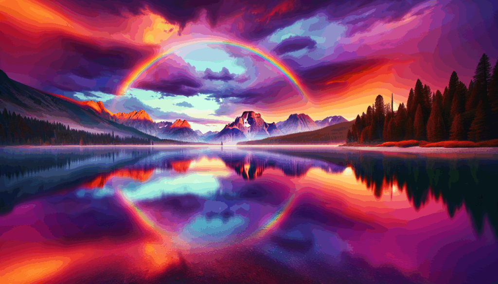 Arc-en-ciel au-dessus d'un lac de montagne serein au coucher du soleil, avec réflexion.