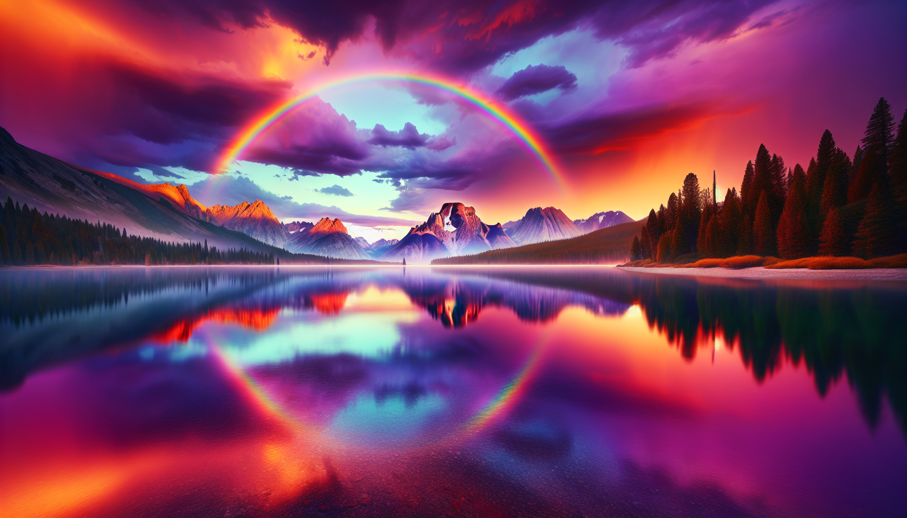 Arc-en-ciel au-dessus d'un lac de montagne serein au coucher du soleil, avec réflexion.