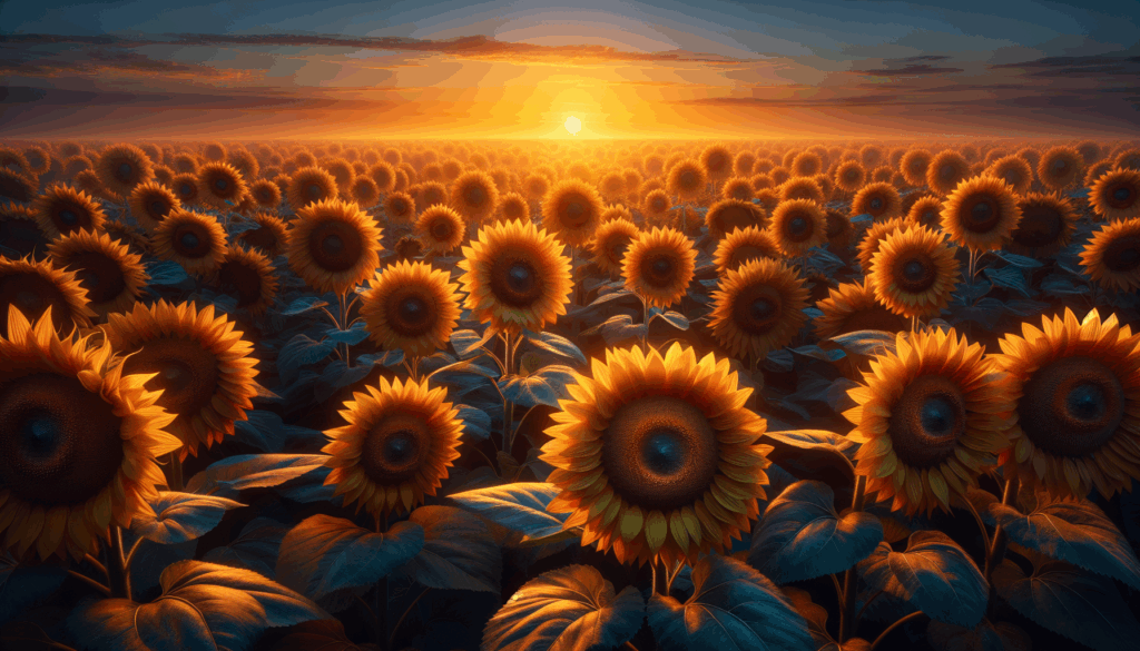Image réaliste d'un champ de tournesols au coucher du soleil avec un ciel bleu dégagé.