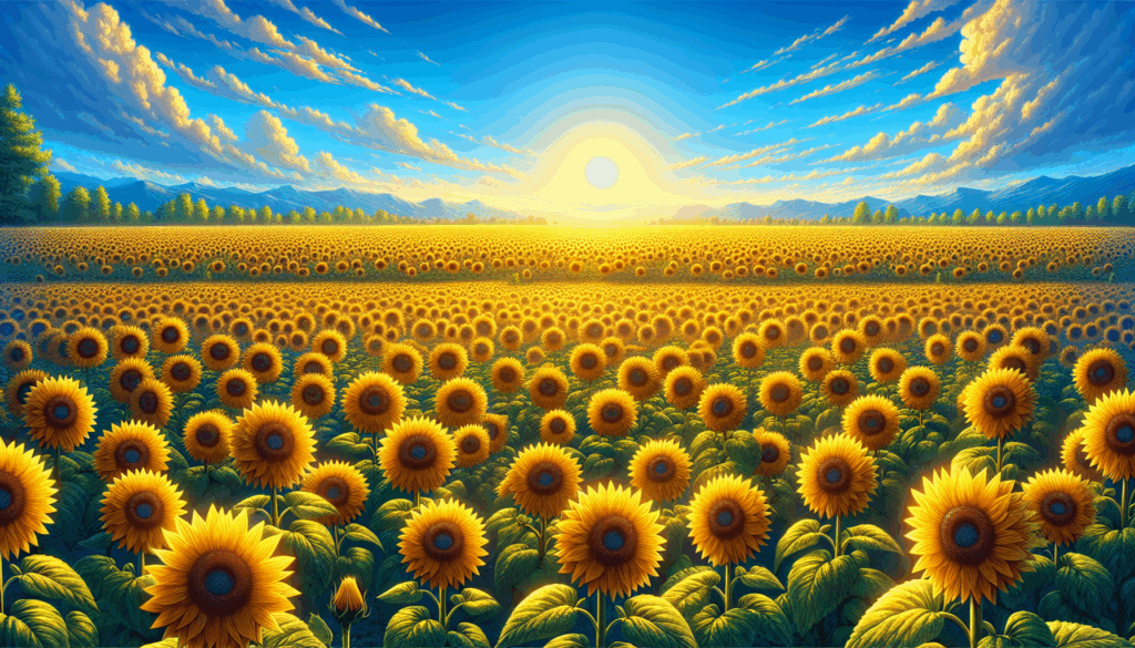 Un champ de tournesols réaliste sous un ciel bleu dégagé.