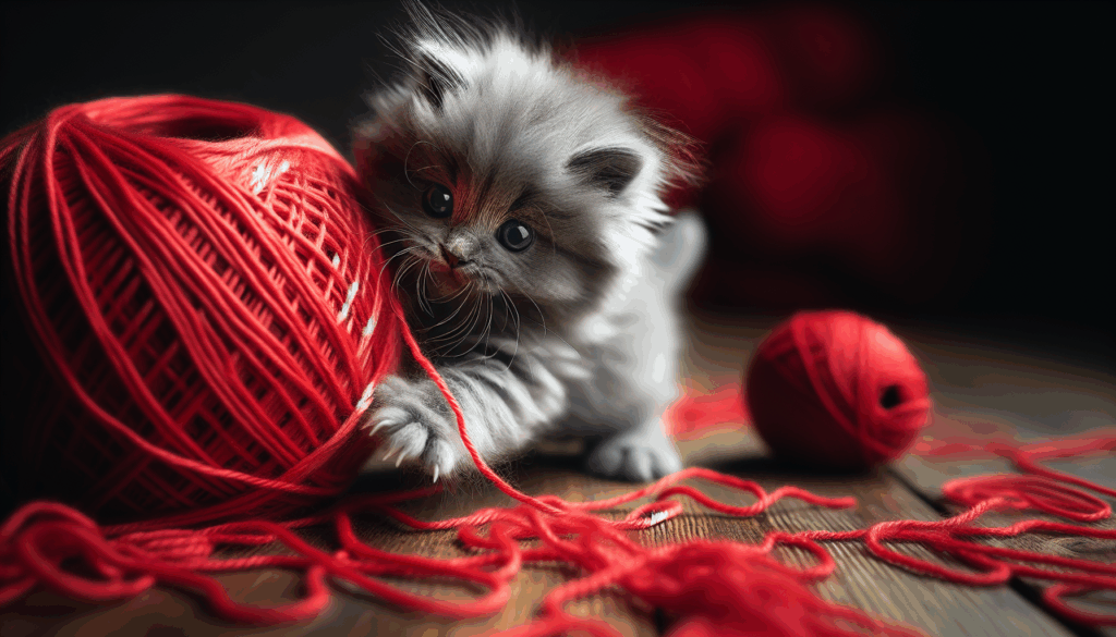 Un chaton gris jouant avec une pelote de laine rouge.