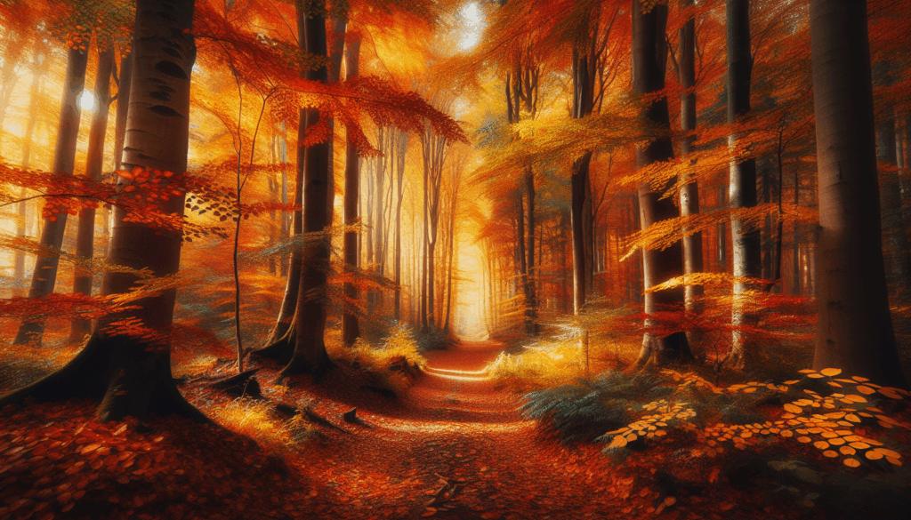 Chemin forestier automnal avec des feuilles dorées et une douce lumière du soleil filtrant à travers de grands arbres.